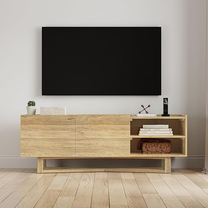 SIMPLIHOME Harrow Solid Mango Wood 60 inch Wide Contemporary Modern TV Media Stand in Natural for TVs up to 65 inches for The Living Room and Entertainment Center