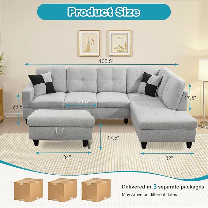 Couches for Living Room Modern L Shaped Couch Comfy Flannel Fabric 3 Pieces Sectional Sofa with Chaise, Ottoman with Storage for Office and Small Apartment, Light Grey