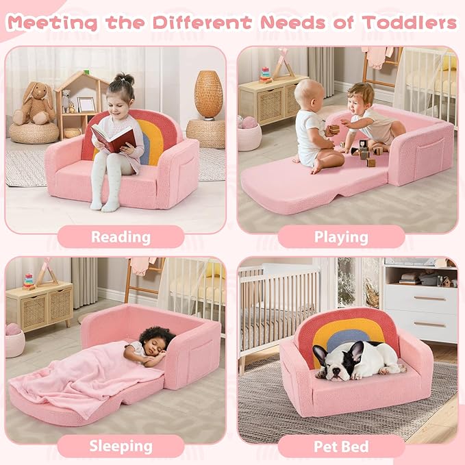 Extra Wide Kids Couch, 2-in-1 Soft Toddler Couch with Blanket, Comfy Toddler Chair, Convertible Sofa to Lounger with Cute Colorful Rainbow Design, Pink