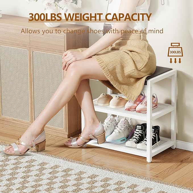 Small Shoe Bench Shoe Rack Storage Bench Entryway Bench Shoe Shelf with Seat Cushion, Stable Shoe Organizer for Entryway, Living Room, Bench Seat Holds Up to 300 lb, (18"L x 12"W x 17"H, White)