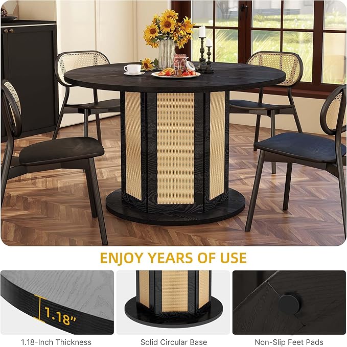 DWVO Round Dining Table for 4-6 People 47 Inch Farmhouse Kitchen Table with Rattan Circular Base Wooden Dinner Table for Dining Room Family Gathering, Black
