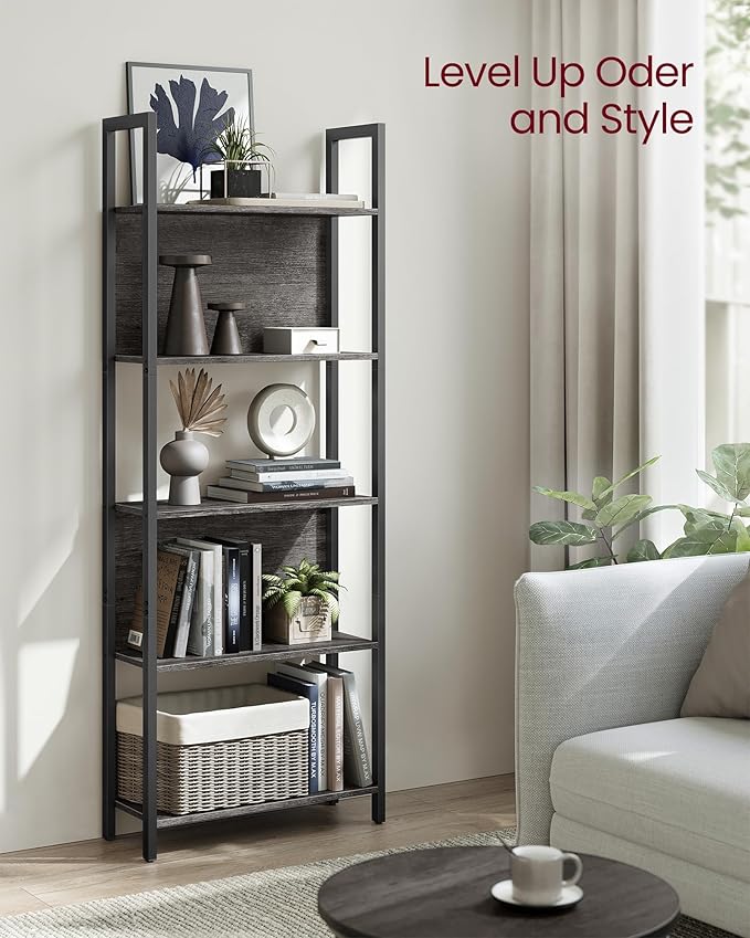 VASAGLE 5-Tier Bookshelf, Book Shelf, Industrial Bookcase, with Steel Frame, for Living Room, Home Office, Bedroom, 9.4 x 24.4 x 65 Inches, Charcoal Gray and Black ULLS025B04
