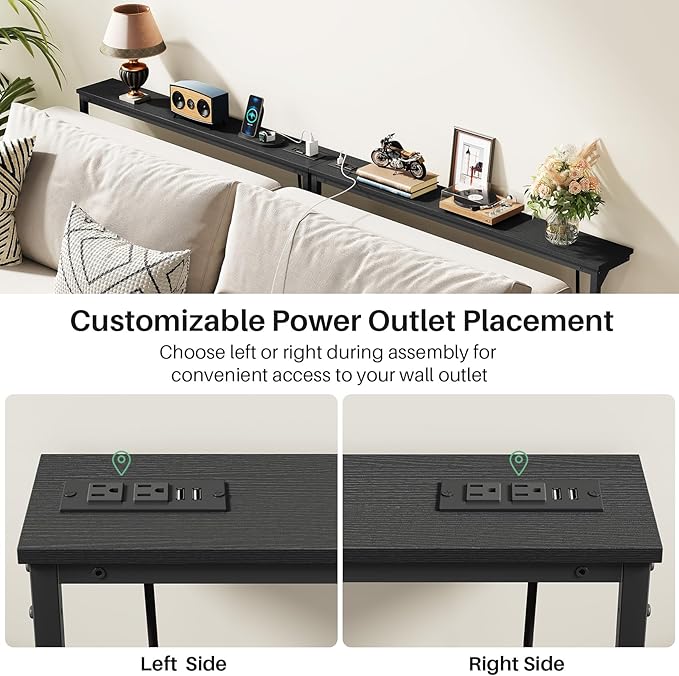 Kitstorack 2-Pack Black Narrow Console Table Behind Couch, Adjustable Height (25"-33") & 2 Power Outlets, Skinny Entryway Sofa Table 5.9" Deep x 79" Long, Split Design for Separate Use
