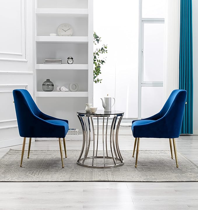 Velvet Dining Chairs, Furniture Collection Modern Contemporary Upholstered with Polished Gold Metal Legs, Set of 4(Blue)