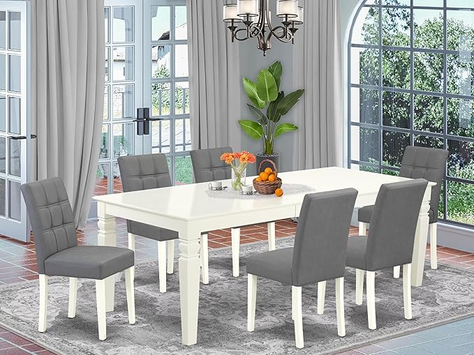 East West Furniture LGAS7-LWH-41 7 Piece Kitchen Table Set Contain A Modern Table and 6 Platinum Gray Polyester Fabric Dining Chairs with Stylish Back- Linen White Finish