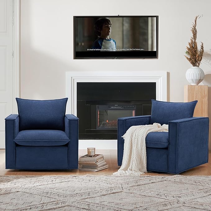 Swivel Accent Chair Set of 2, 34 Inches Wide Upholstered Arm Chair with Plump Back Pillow, Modern Sofa Living Room Chair for Bedroom, Corner, Reading Nook-Blue