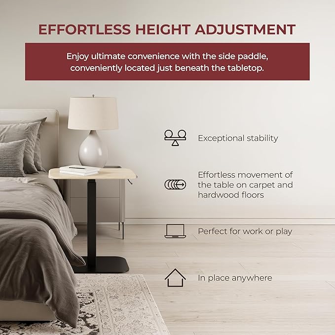 Ergohome™ ELEVANCE Table™ Effortless Height Adjustable Side Table for Couch Bed, Laptop Table - Small End Table Office Coffee Table - Superior Stability Sofa Side Table (Black Base & Washed Oak Top)