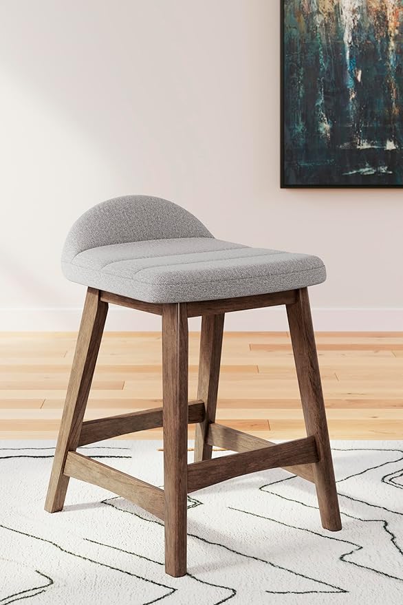 Signature Design by Ashley Lyncott Contemporary 28.5" Counter Height Upholstered Bar Stool with Foam Cushion, 2 Count, Light Gray & Brown