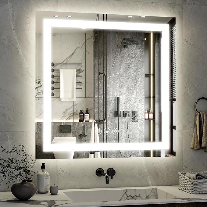 40"x 40" LED Bathroom Mirror, Backlit + Front Lit, LED Bathroom Mirror with Lights for Wall, 3 Colors, Anti-Fog, Dimmable Brightness, Memory Function, Tempered Glass