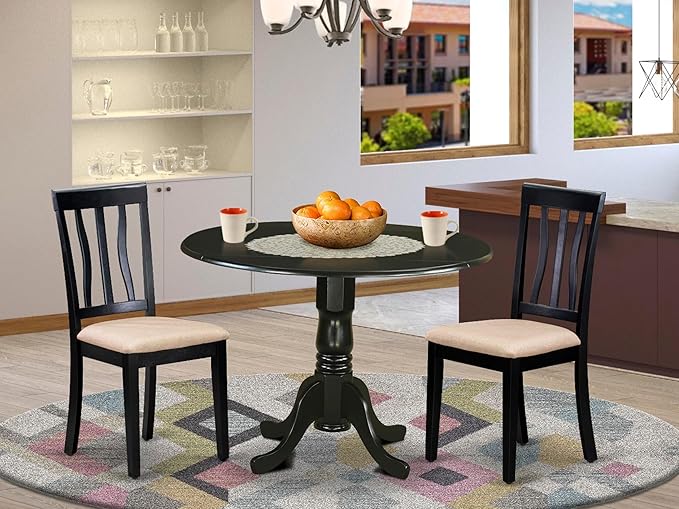 East West Furniture DLAN3-BLK-C 3 Piece Dining Table Set for Small Spaces Contains a Round Dining Room Table with Dropleaf and 2 Linen Fabric Upholstered Chairs, 42x42 Inch, Black