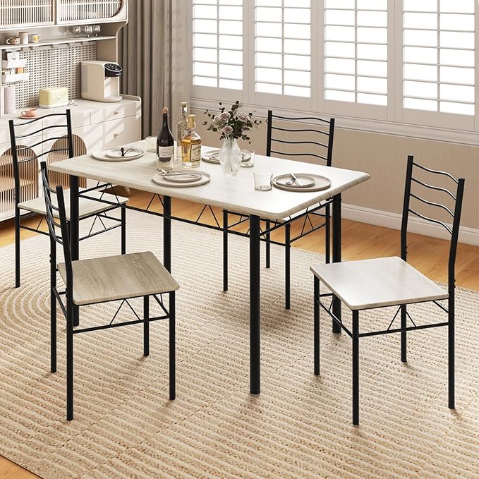 5 PCS Dining Table Set Counter Height Table and Chairs Set W/Steel Structure Dining Desk, 4 High Backrest Chairs & Anti-Slip Pads Dining Furniture Set for Kitchen and Restaurant(Beech Wood)