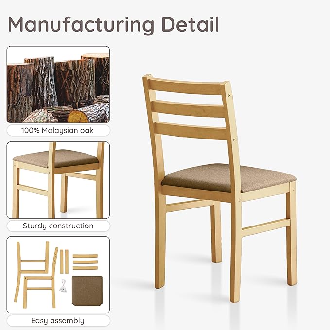 Livinia Seattle Modern Farmhouse Kitchen Dining Room Chair Set of 2, Solid Wood Fabric Upholstered Cushion Seat Wood Ladder Back Chairs (Natural)