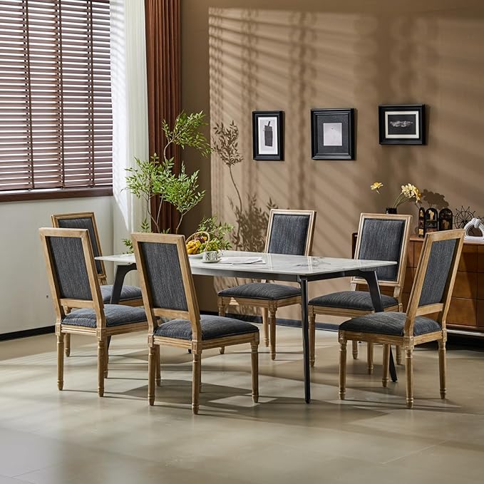 Merax Upholstered Solid Wood Dining Chairs Set of 6, French Country Style Accent Side Seating Furniture for Kitchen, Living Room, Cushioned Back, Blue Gray