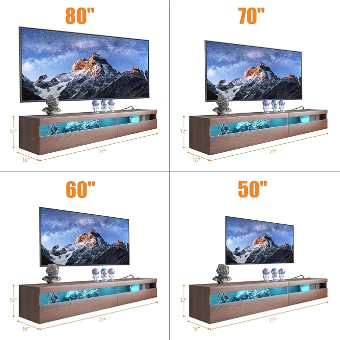 Floating TV Stand with Led Lights, 71 inch Wall Mounted TV Shelf with Power Outlet, Modern Entertainment Center Media Console with Storage Cabinet, Up to 80 Inch TVS, Walnut