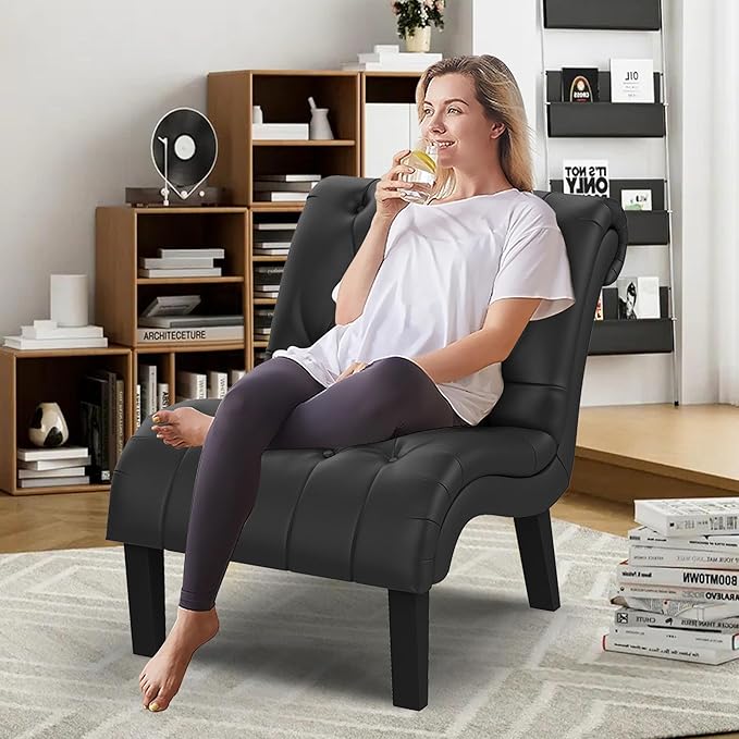 Yongqiang Black Faux Leather Accent Chair Modern Button Tufted Upholstered Armless Chair for Bedroom Living Room with Wood Legs