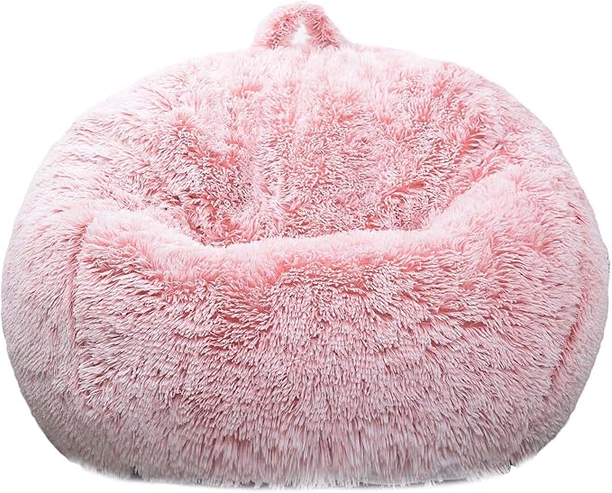 Fluffy Bean Bag Chair for Kids, 2.5FT Round Memory Foam Filled Bean Bag for Teens & Kids, Ultra Soft Faux Fur Fabric Bean Bag Chairs for Playroom, Living Room, Bedroom,Pink