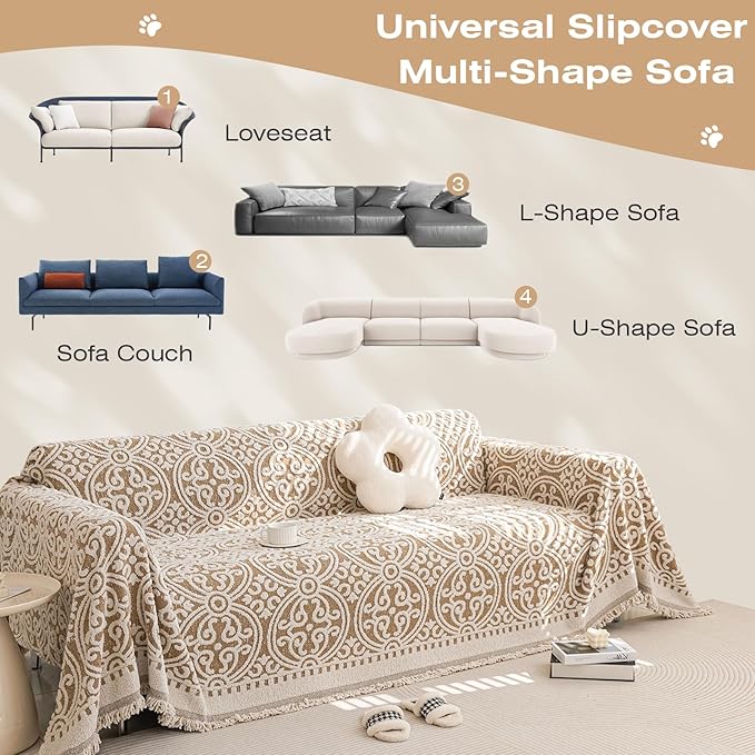 STACYPIK Modern Khaki Jacquard Couch Cover French Style L-Shape Sofa Protector for 3-Cushion Couch, Washable, Stain Resistant, 71x150IN