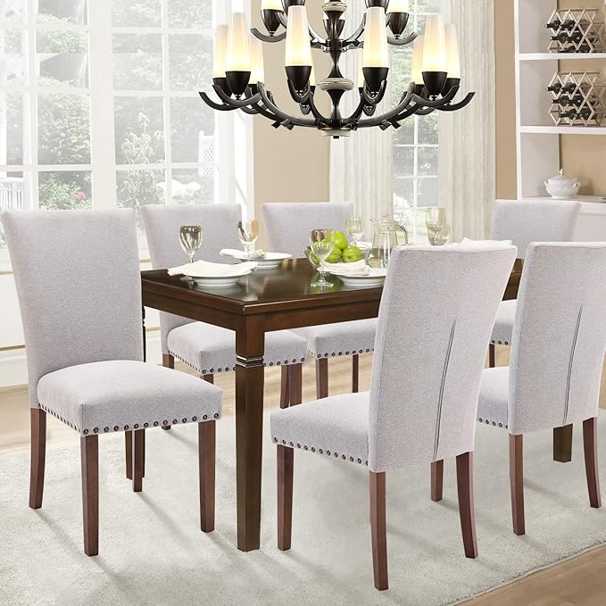 Parsons Dining Chairs Set of 6, Upholstered Nailhead Dining Room Kitchen Side Chair with Thick Cushions and Wood Legs, Light Grey