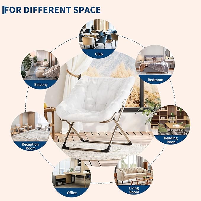 Comfy Chair for Adults, Foldable Living Room Chairs, Soft Faux Fur Folding Lounge for Bedroom Living Room Dorm Rooms, Flexible Reading Chair for Teens (1, White, X-Large)