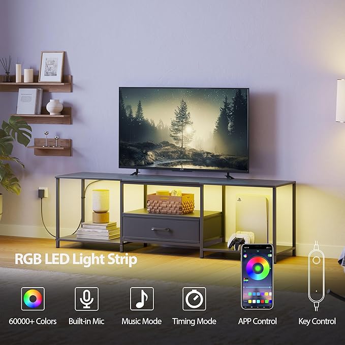 TV Stand with LED Lights, Entertainment Center with Open Shelves and Fabric Drawer, Media Console for 75 Inch TV, Television Stands for Living Room, Bedroom, Black