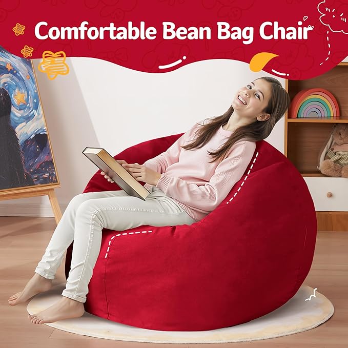 Homguava 2FT Bean Bag Chair: 2' Bean Bags with Memory Foam Filled,Comfy Beanbag Chairs Round Bean Bag Sofa with Dutch Velvet Cover-Red