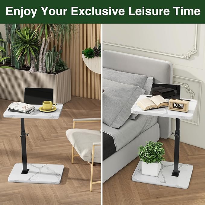 IBUYKE Tray Table for Couch, 360° Swivel Height Adjustable End Table for Small Spaces, with Phone & Tablet Slot, Modern Small Coffee Snack Table for Sofa/Bed, White with Black UTVT003BW