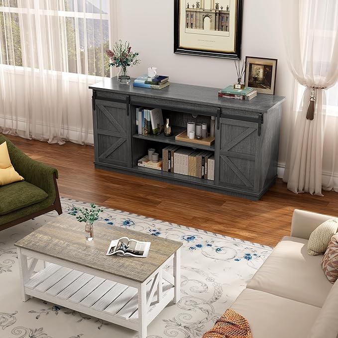 YESHOMY TV Stand for Televisions up to 65 Inches, with Sliding Barn Doors and Storage Cabinets, Console Table and Media Furniture for Living Room, 58 Inch, Gray