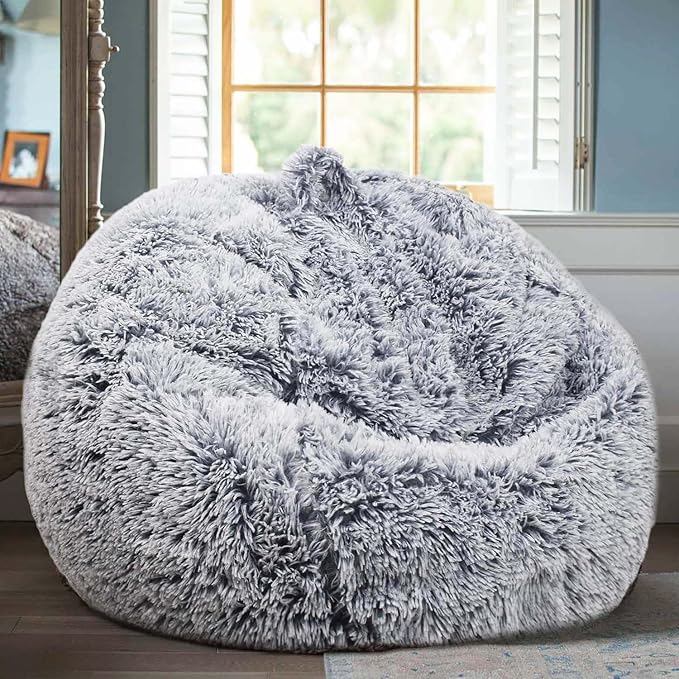 Fluffy Bean Bag Chair, 3FT Round Memory Foam Filled Bean Bag for Teens & Kids, Ultra Soft Faux Fur Fabric Bean Bag Chairs for Playroom, Living Room, Bedroom, Gray