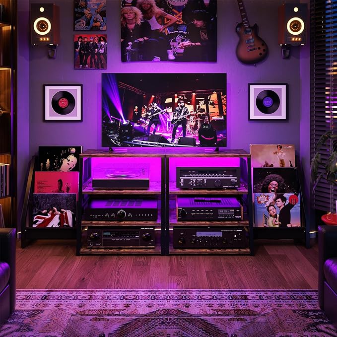 AV Media Stand with Outlets, Stereo Stands and Racks with Vinyl Storage, Stereo Stand with Record Storage, Audio Stereo Rack Cabinet, Turntable Console Stand with LED lights, 4 Tiers, Rustic Brown