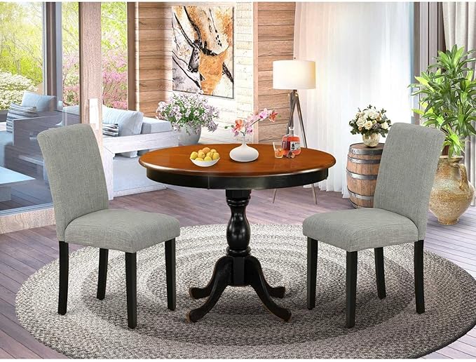 East West Furniture AMAB3-BCH-06 3 Piece Dining Table Set for Small Spaces Contains a Round Kitchen Table with Pedestal and 2 Shitake Linen Fabric Upholstered Chairs, 36x36 Inch, Black & Cherry