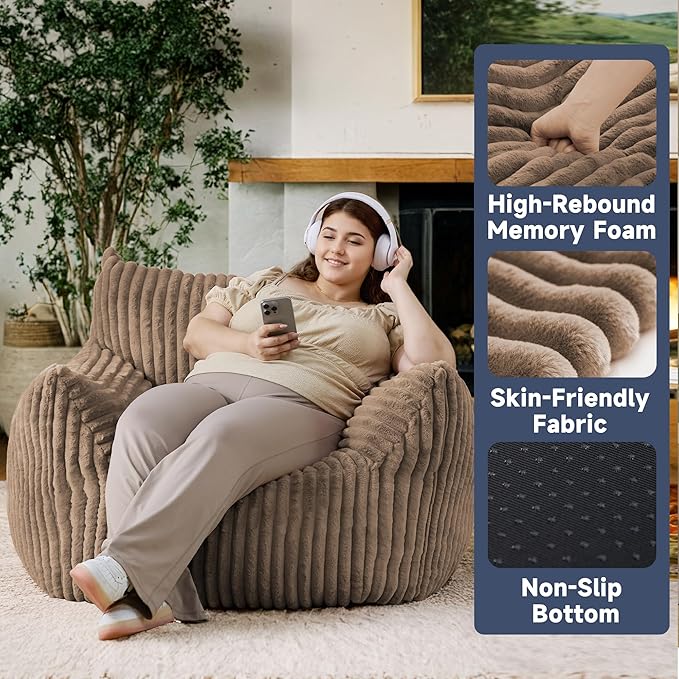 Oversized Bean Bag Chair for Adults, Giant Comfy Plush Boneless Bean Bag Couch with Filler for Kids - Reading Chair for Living Room, Bedroom & Dorm, Single Accent Chair Floor Lounger, Khaki