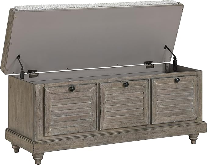 OSP Home Furnishings Dover Coastal Lift-Top Storage Bench with Shutter Face Styling, Goldstone Finish with Salt and Pepper Cushion