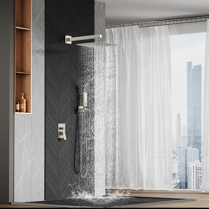 SR SUN RISE 12 Inches Bathroom Luxury Rain Mixer Shower Combo Set Wall Mounted Rainfall Shower Head System Brushed Nickel Finish Shower Faucet Rough-In