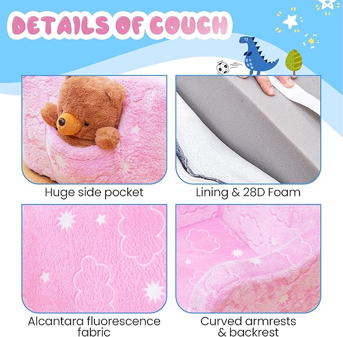 Lamerge 2-in-1 Toddler Couch,Glow in The Dark Baby Floor Bed,Foldable Toddler Chair Kids Sofa for playroom,Convertible Sofa to Lounger for Girls and Boys (Pink and Clouds)