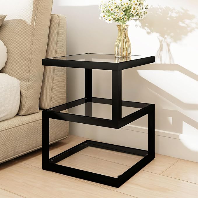 3-Tier Glass Table with LED Strip, Unique S-Shaped Design SideTable, Moderen Black Deco Table for Living Room and Bedside Room