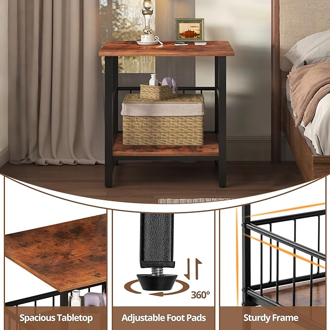 Industrial Night Stand, 18” Square Side Table with Open Storage Shelf, Bedside End Table for Bedroom, Heavy Duty Stand for Mini Fridge for Dorm, Kitchen Room, Rustic Brown