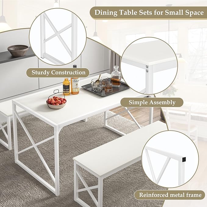 VECELO Kitchen Dining Table Set for 4, 55" Wood Rectangle Dinette with 2 Benches, Heavy-Duty Metal Frame for Small Space, Breakfast Nook, White