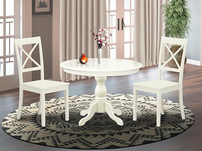 East West Furniture HBBO3-LWH-W 3 Piece Kitchen Table & Chairs Set Contains a Round Dining Room Table with Pedestal and 2 Dining Chairs, 42x42 Inch, Linen White