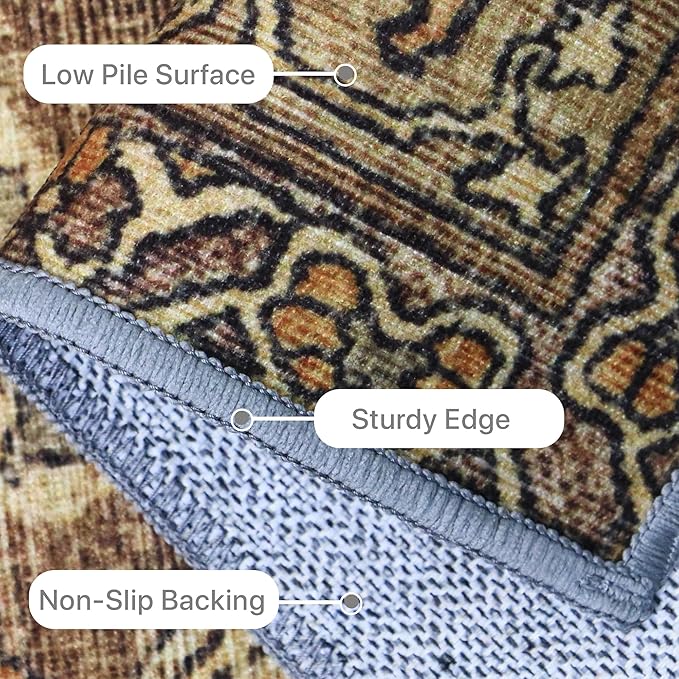8X10 Area Rugs Machine Washable Rugs for Living Room, Vintage Boho Large Rugs for Bedroom Dining Room, Non Slip Indoor Soft Distressed Lightweight Thin Low Pile Carpet, Rustic Brown