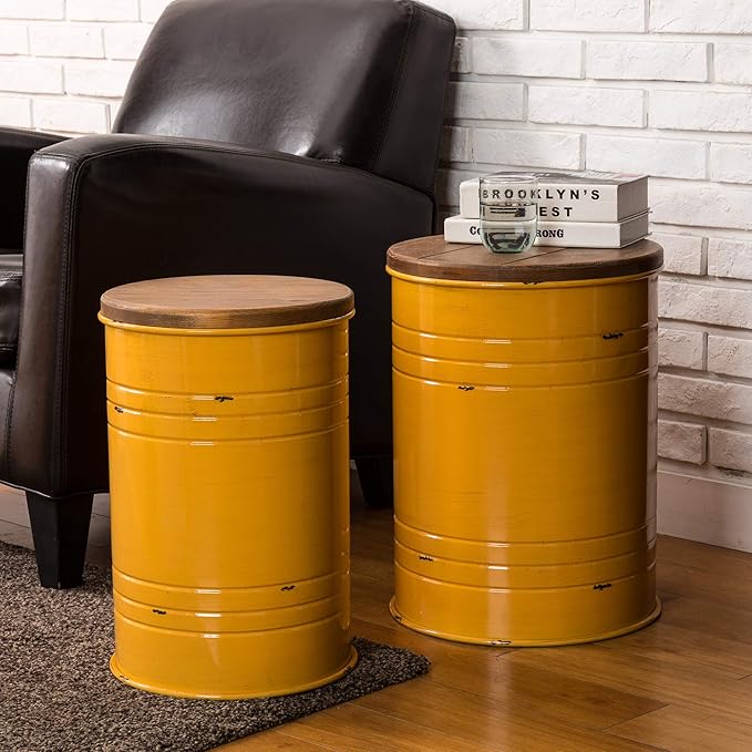 Glitzhome Farmhouse Accent Side Table, Metal Storage Stool Ottoman with Round Lid - Galvanized Coffee Cocktail End Tables Set of 2 for Living Room Bedroom, Yellow