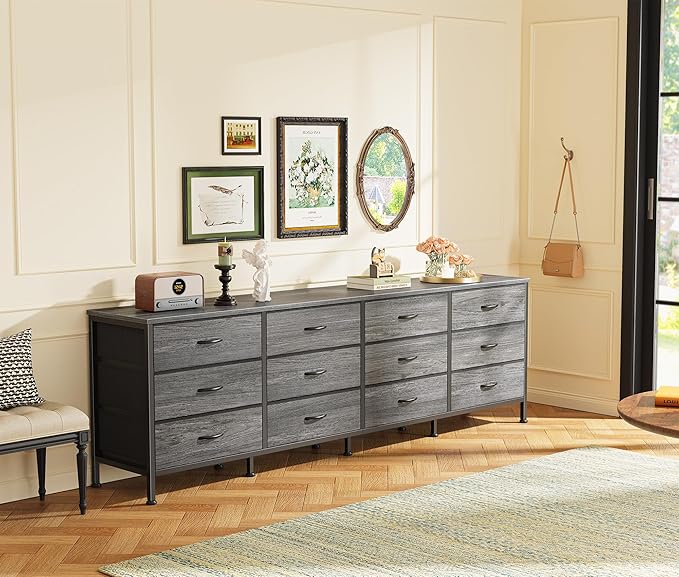 Huuger 70 Inch Dresser for Bedroom, TV Stand for 65, 75, 80 Inch TV, 12 Fabric Drawer Long Dresser, Large Storage Organizer Unit, Wide Chest of Drawer with Storage, for Living Room, Grey