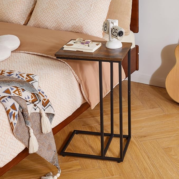 Side Table Small End Table C Shaped, Slide Under Laptop Desk for Couch, Living Room Side Table, TV Trays for Eating on Couch, Rustic Brown+Black YD-TM051HB-2