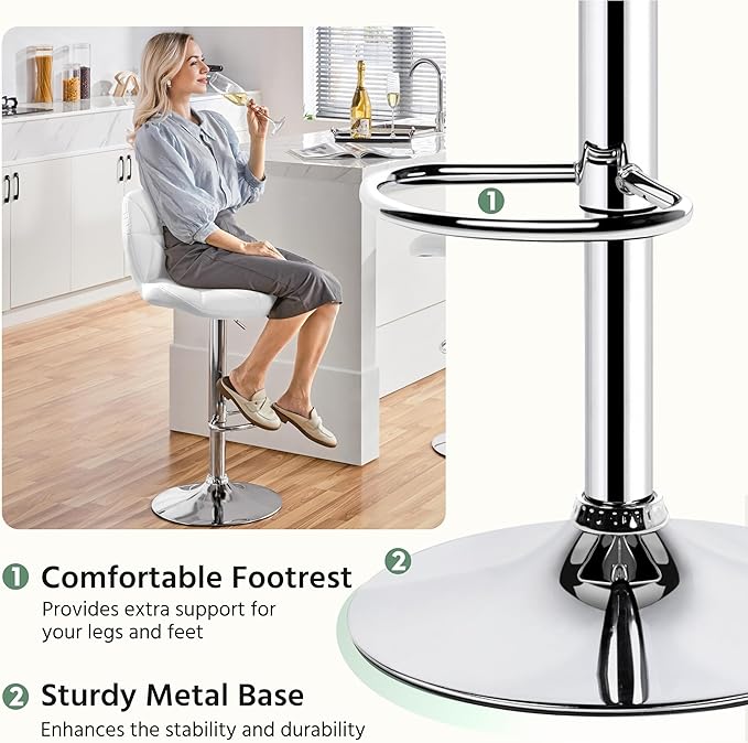 Yaheetech Bar Stools Set of 4, Adjustable PU Leather Swivel Barstools, Modern Counter Stools with Back and Footrest, Counter Height Barstools for Bar, Kitchen, Dining Room, White