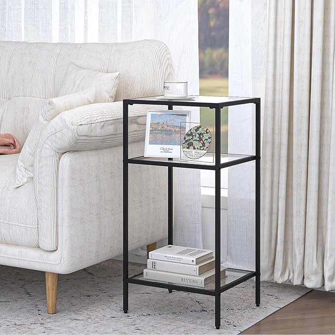 Homhedy 3-Tier Side Tables Set of 2, End Tables with Tempered Glass, Nightstands with Storage Shelves, Slim Sofa Tables for Living Room, Bedroom (2, Black)