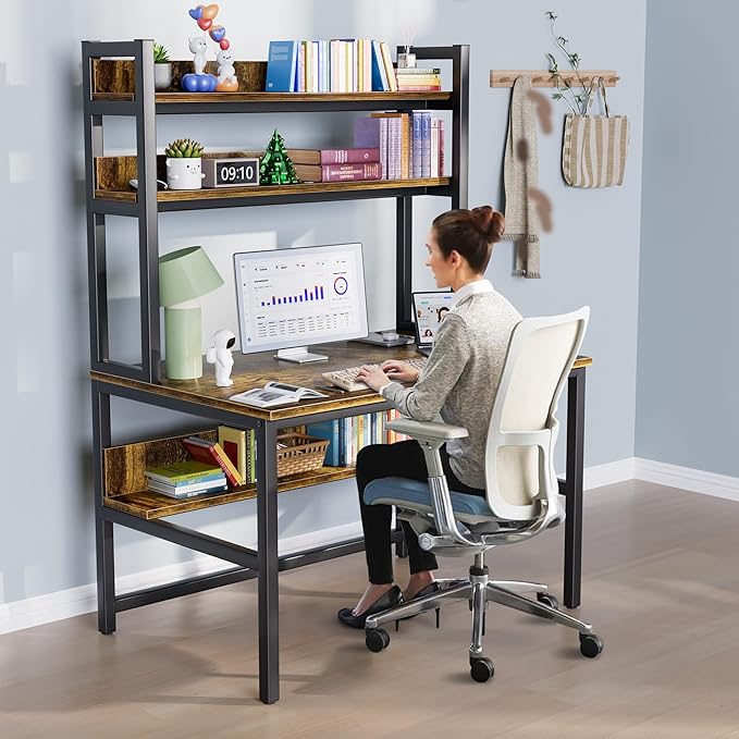 Aquzee Computer Desk with Hutch, 47“W x 23.6" D Desk with Shelves, Tall Home Office Desk with Bookshelf, Metal Legs Study Table with Upper Storage Shelf for Study Writing/Workstation