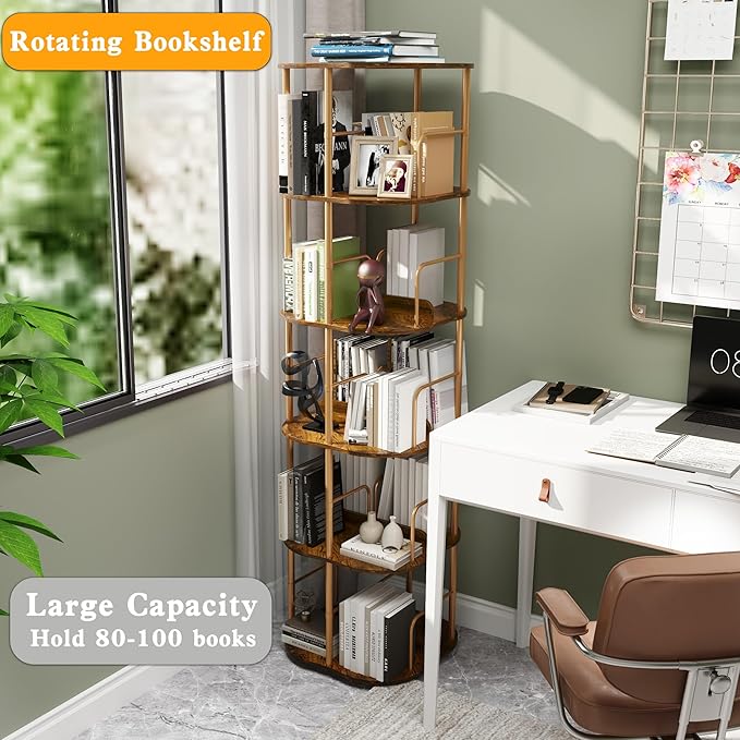 5-Tier Rotating Bookshelf, 360 ° Display Stackable Spinning Bookshelf Tower, Narrow Space Saving Tall Floor Standing Swivel Bookcase Corner Organizer for Bedroom, Living Room, Gold