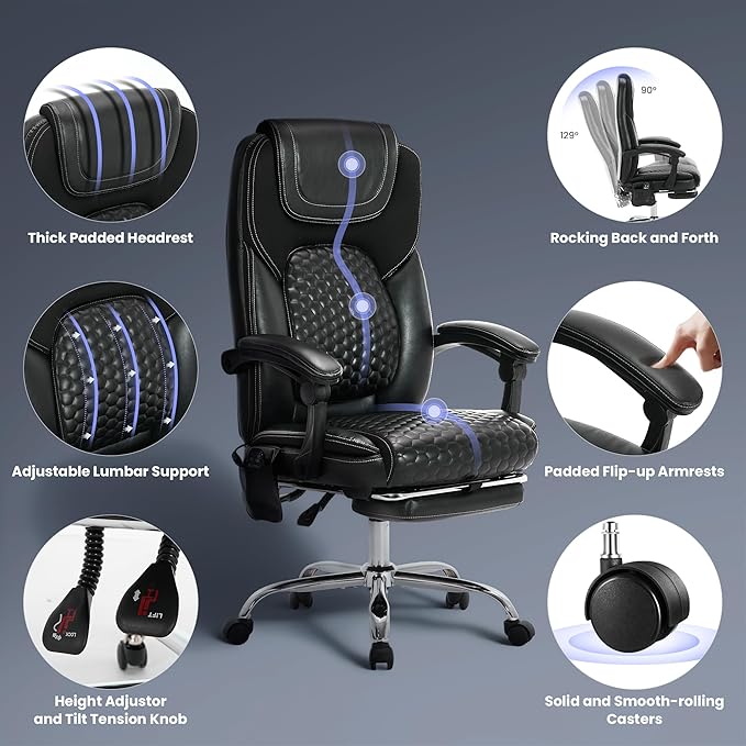 2-Pack Massage Office Chair with Heat and Footrest, Ergonomic Reclining Leather Executive Computer Desk Chair with Wheels, Big and Tall Adjustable Chair for Home Office and Gaming, 300 lbs Support
