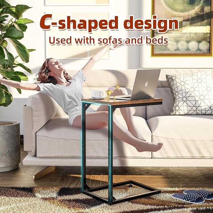 Simple Trending C Shaped End Table, Side Table for Couch, Small Sofa Table TV Tray with Metal Frame for Living Room, Bedroom, Rustic Brown