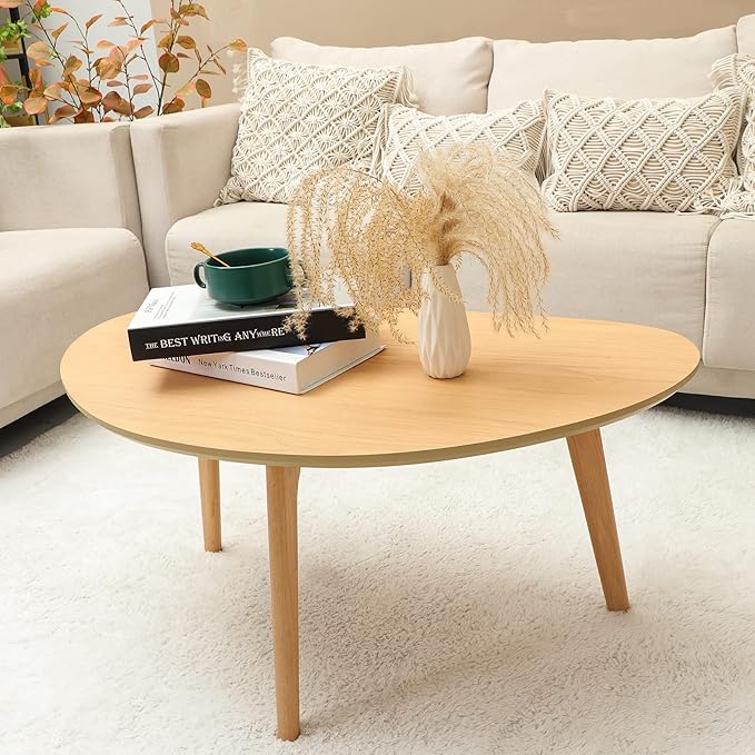 FIRMINANA Small Oval Coffee Table Mid Century Modern for Living Room Center Minimalist Display Coffe Table,Nature Wood,18.9" D x 33.47" W 15.75" H
