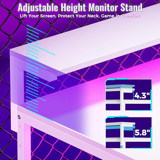 PRAISUN 61.7" Gaming Desk with LED Lights & Outlets, Computer Desk with 3 Fabric Drawers, PC Desk with PC Case Stand & Movable Storage Shelves, Monitor Stand, Reversible, White